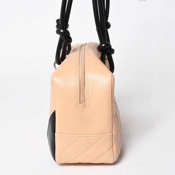 Very Good Condition CHANEL Cambon Line Bowling Bag Handbag A25171 Lambskin No. 8 Beige Black Coco Mark Silver Hardware Used 4a006417