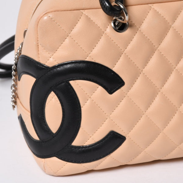 Very Good Condition CHANEL Cambon Line Bowling Bag Handbag A25171 Lambskin No. 8 Beige Black Coco Mark Silver Hardware Used 4a006417