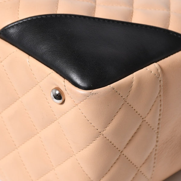 Very Good Condition CHANEL Cambon Line Bowling Bag Handbag A25171 Lambskin No. 8 Beige Black Coco Mark Silver Hardware Used 4a006417