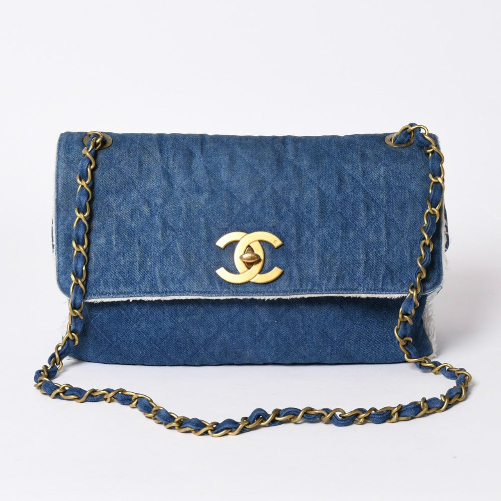 極美品 CHENEL シャネル デカマトラッセ シングルフラップ シングルチェーンバッグ ショルダーバッグ デニム ブルー ゴールド金具 中古 4a006445