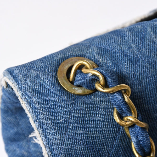 極美品 CHENEL シャネル デカマトラッセ シングルフラップ シングルチェーンバッグ ショルダーバッグ デニム ブルー ゴールド金具 中古 4a006445