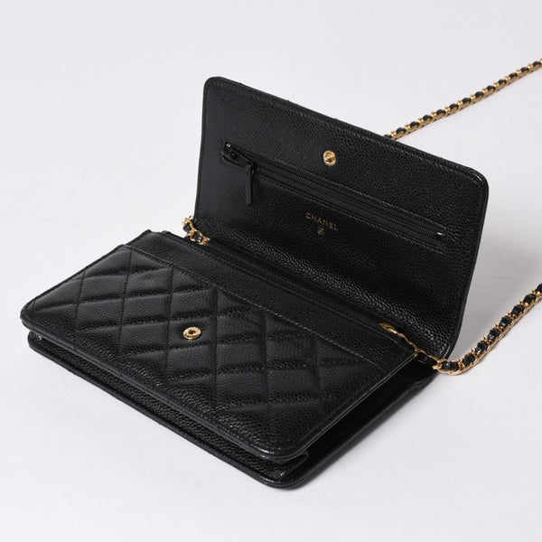 新品同様 CHANEL シャネル チェーンウォレット 長財布 AP0250 27番台 ココマーク キャビアスキン ブラック ゴールド金具 中古 4a006405