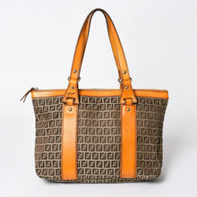 将图片加载到图库查看器中。 極美品 FENDI フェンディ ズッキーノ トートバッグ ハンドバッグ 8BH179 キャンバス レザー ブラウン オレンジ ゴールド金具 中古 4a006516