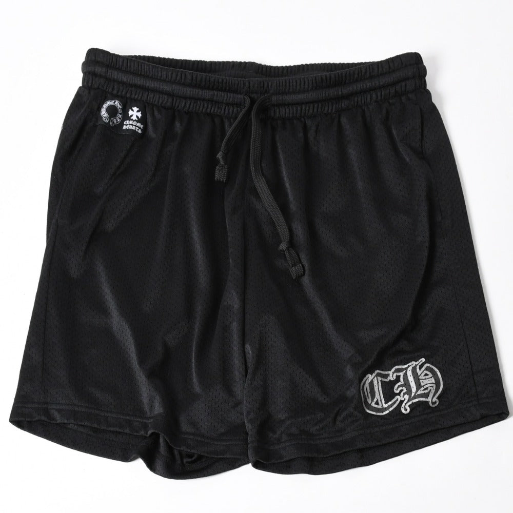 新品同様品 CHROME HEARTS クロムハーツ CHプリント メッシュショーツ ハーフパンツ ショーツ ブラック シルバー サイズL 中古 4a006535