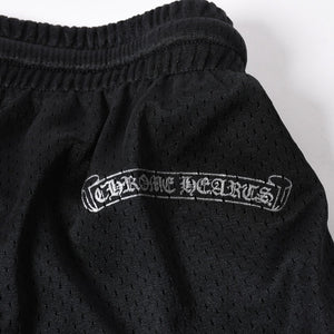 新品同様品 CHROME HEARTS クロムハーツ CHプリント メッシュショーツ ハーフパンツ ショーツ ブラック シルバー サイズL 中古 4a006535
