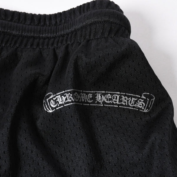 新品同様品 CHROME HEARTS クロムハーツ CHプリント メッシュショーツ ハーフパンツ ショーツ ブラック シルバー サイズL 中古 4a006535