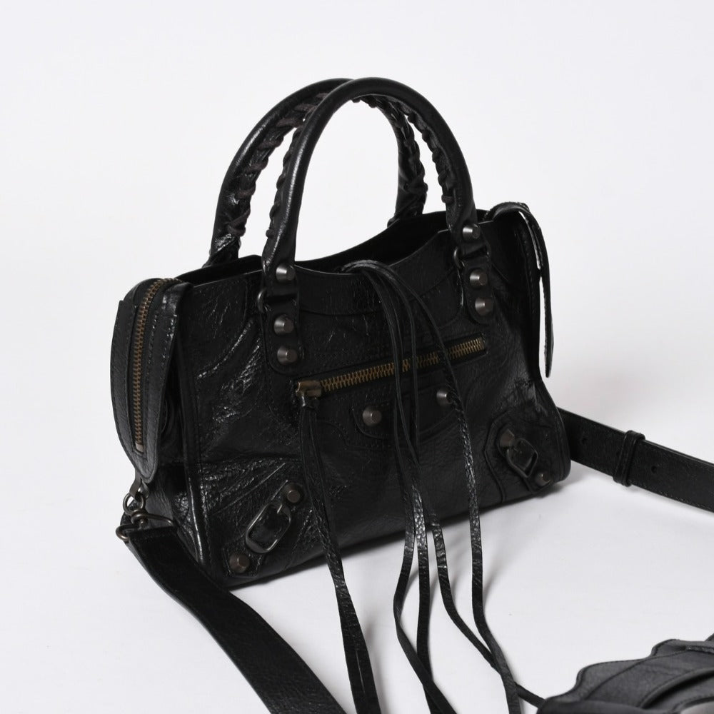 極美品 BALENCIAGA バレンシアガ クラシック ミニシティ ナイロン レザー 2WAY ハンドバッグ ショルダーバッグ ブラック 300295 中古 4a006411