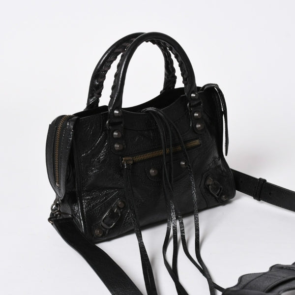 極美品 BALENCIAGA バレンシアガ クラシック ミニシティ ナイロン レザー 2WAY ハンドバッグ ショルダーバッグ ブラック 300295 中古 4a006411