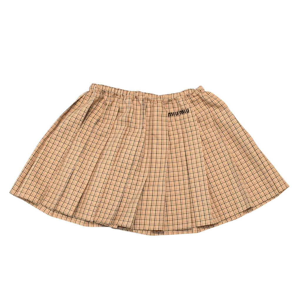極美品 MIU MIU ミュウミュウ プリーツチェック ミニスカート MG2229 ベージュ ブラウン ブラッド柄 38サイズ Y2K 中古 4a006478