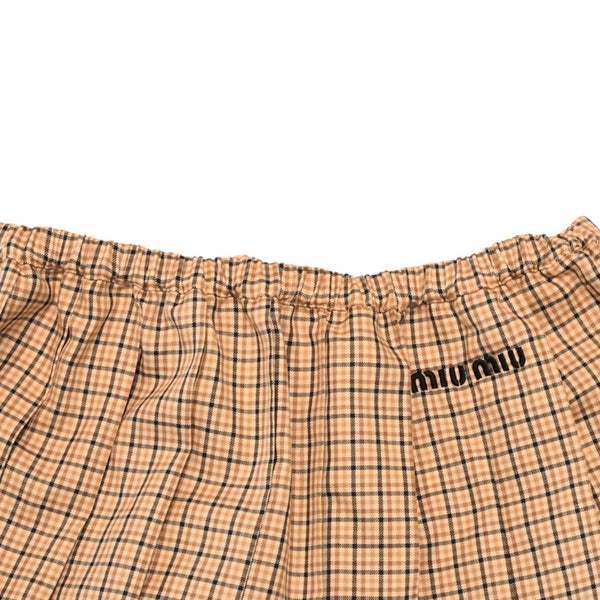極美品 MIU MIU ミュウミュウ プリーツチェック ミニスカート MG2229 ベージュ ブラウン ブラッド柄 38サイズ Y2K 中古 4a006478