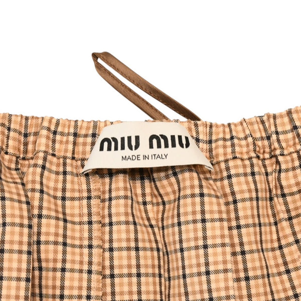 極美品 MIU MIU ミュウミュウ プリーツチェック ミニスカート MG2229 ベージュ ブラウン ブラッド柄 38サイズ Y2K 中古 4a006478