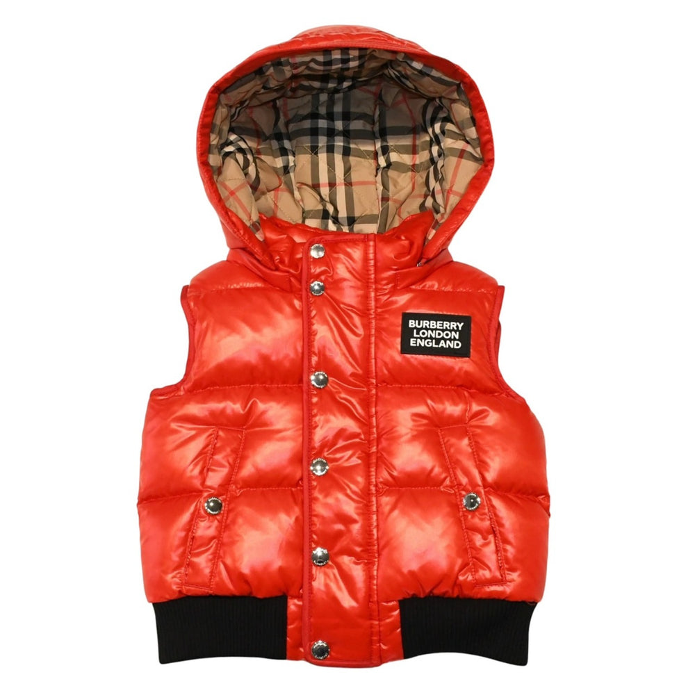 新品同様 BURBERRY LONDON ENGLAND バーバリー チルドレンズ キッズ用 フード付きダウンベスト サイズ18M(86cm) ノバチェック レッド ベージュ KIDS 中古 4a006315