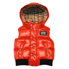新品同様 BURBERRY LONDON ENGLAND バーバリー チルドレンズ キッズ用 フード付きダウンベスト サイズ18M(86cm) ノバチェック レッド ベージュ KIDS 中古 4a006315