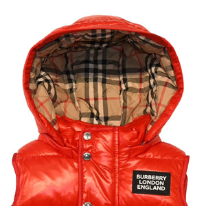 新品同様 BURBERRY LONDON ENGLAND バーバリー チルドレンズ キッズ用 フード付きダウンベスト サイズ18M(86cm) ノバチェック レッド ベージュ KIDS 中古 4a006315