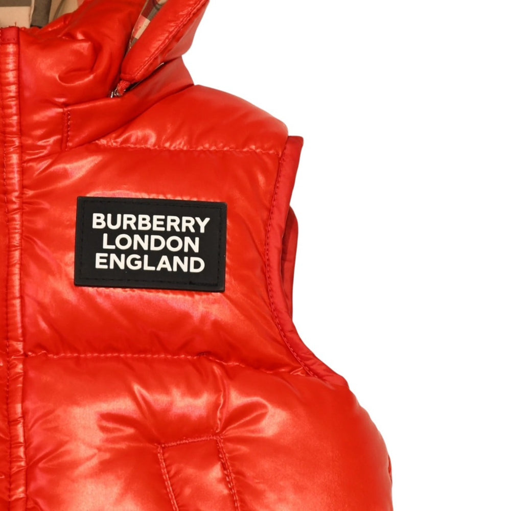 新品同様 BURBERRY LONDON ENGLAND バーバリー チルドレンズ キッズ用 フード付きダウンベスト サイズ18M(86cm) ノバチェック レッド ベージュ KIDS 中古 4a006315