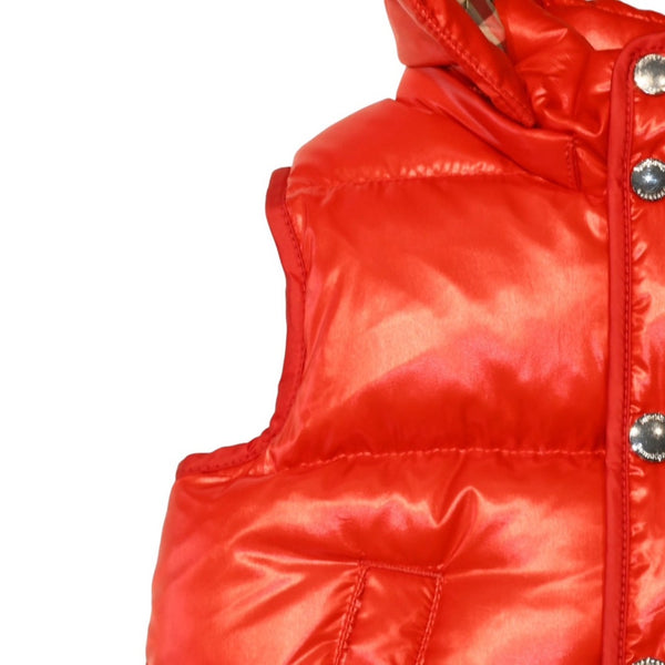 新品同様 BURBERRY LONDON ENGLAND バーバリー チルドレンズ キッズ用 フード付きダウンベスト サイズ18M(86cm) ノバチェック レッド ベージュ KIDS 中古 4a006315
