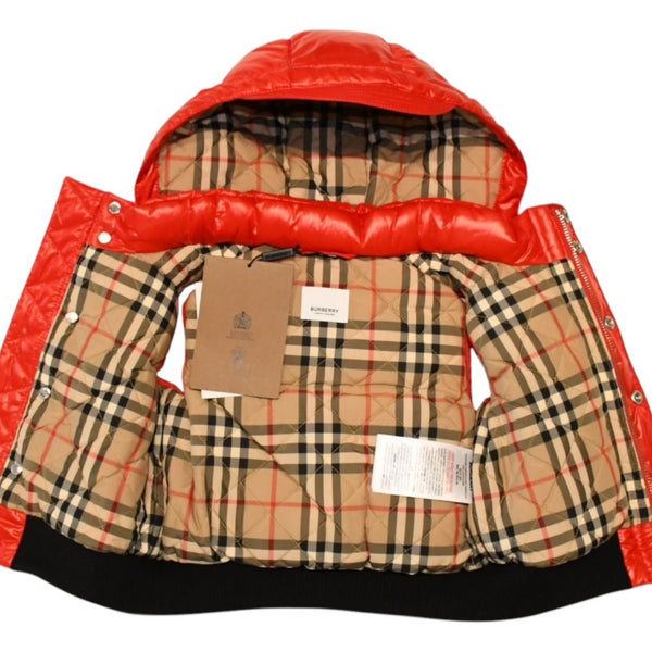 新品同様 BURBERRY LONDON ENGLAND バーバリー チルドレンズ キッズ用 フード付きダウンベスト サイズ18M(86cm) ノバチェック レッド ベージュ KIDS 中古 4a006315