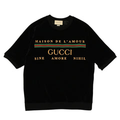 GUCCI グッチ ラグラン Tシャツ ベロア ロゴ サイズ L ブラック 596384 コットン ナイロン 美品 中古 4a006465