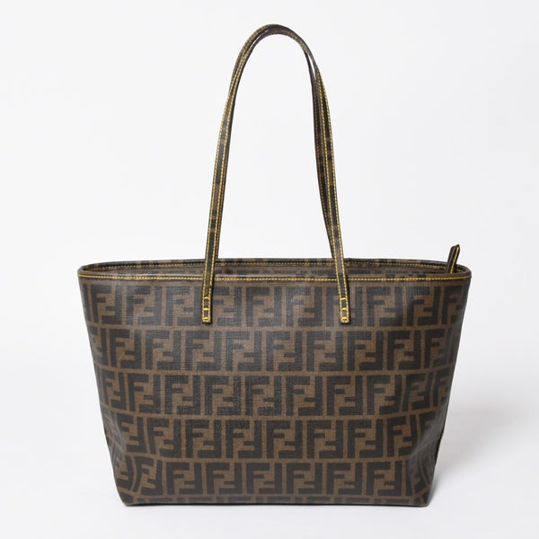極美品 FENDI フェンディ ズッカ柄 トートバッグ AT23605 ホログラムシール付き PVC ブラウン イエロー ゴールド金具 中古 4a006494