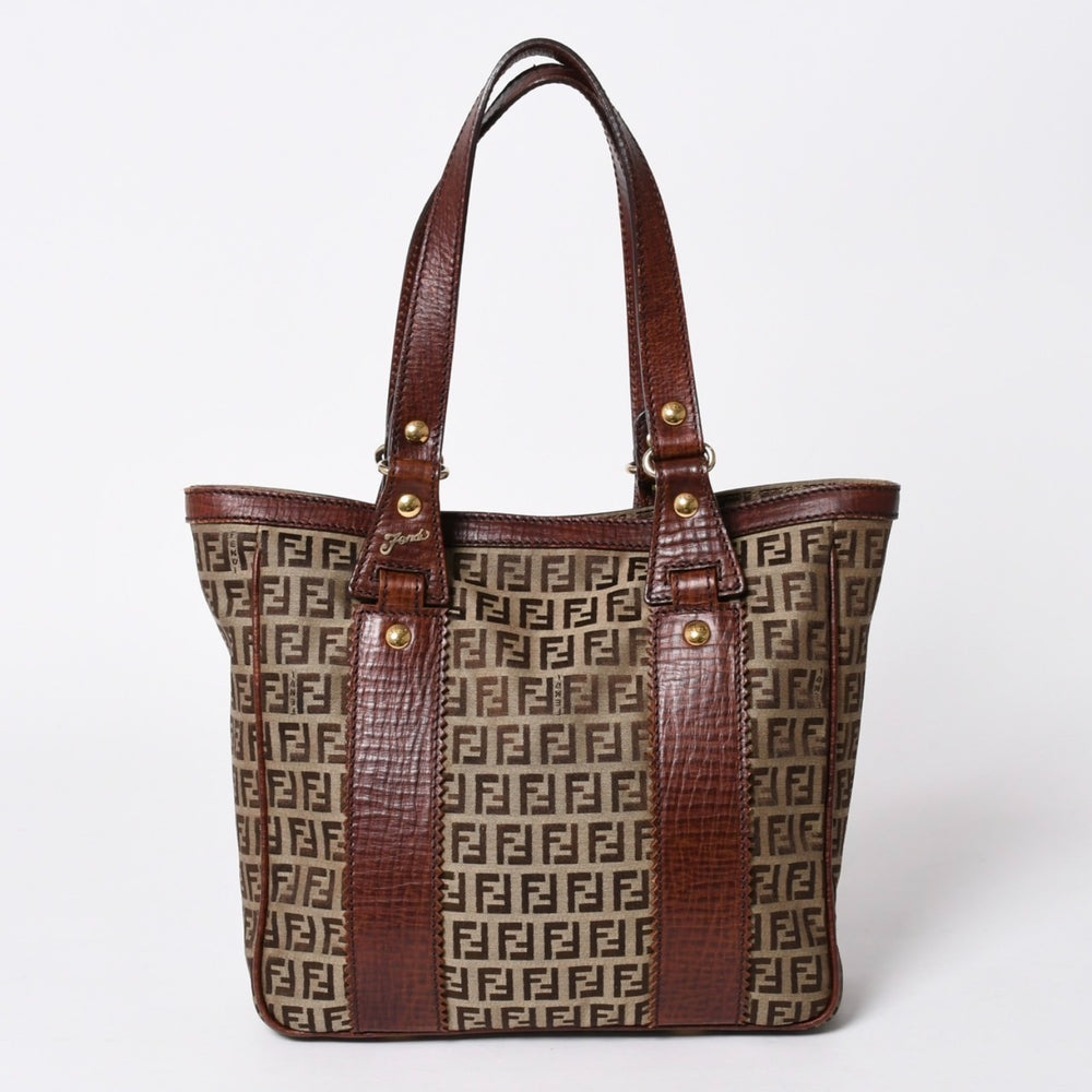 FENDI フェンディ ズッキーノ ハンドバッグ トートバッグ 8BH16I キャンバス レザー ベージュ ブラウン ゴールド金具 美品 中古 4a006514