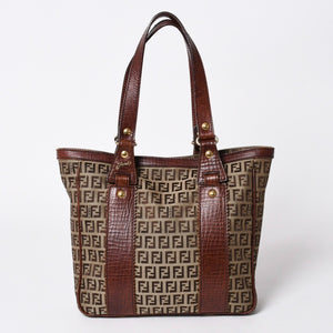 FENDI フェンディ ズッキーノ ハンドバッグ トートバッグ 8BH16I キャンバス レザー ベージュ ブラウン ゴールド金具 美品 中古 4a006514