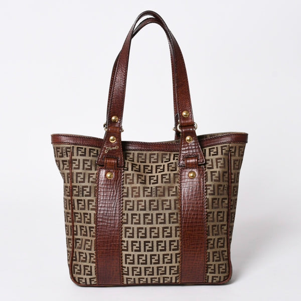 FENDI フェンディ ズッキーノ ハンドバッグ トートバッグ 8BH16I キャンバス レザー ベージュ ブラウン ゴールド金具 美品 中古 4a006514