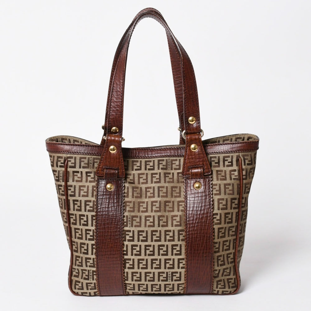 FENDI フェンディ ズッキーノ ハンドバッグ トートバッグ 8BH16I キャンバス レザー ベージュ ブラウン ゴールド金具 美品 中古 4a006514