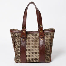 Load the image into the gallery viewer. FENDI フェンディ ズッキーノ ハンドバッグ トートバッグ 8BH16I キャンバス レザー ベージュ ブラウン ゴールド金具 美品 中古 4a006514