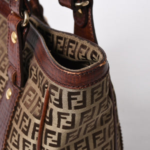 FENDI フェンディ ズッキーノ ハンドバッグ トートバッグ 8BH16I キャンバス レザー ベージュ ブラウン ゴールド金具 美品 中古 4a006514