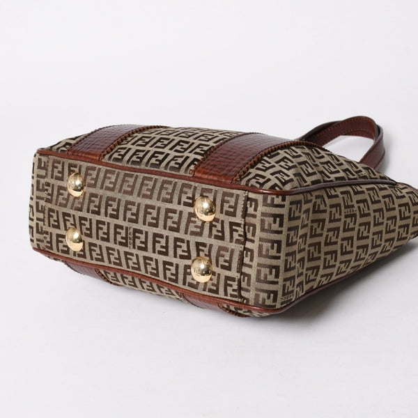 FENDI フェンディ ズッキーノ ハンドバッグ トートバッグ 8BH16I キャンバス レザー ベージュ ブラウン ゴールド金具 美品 中古 4a006514