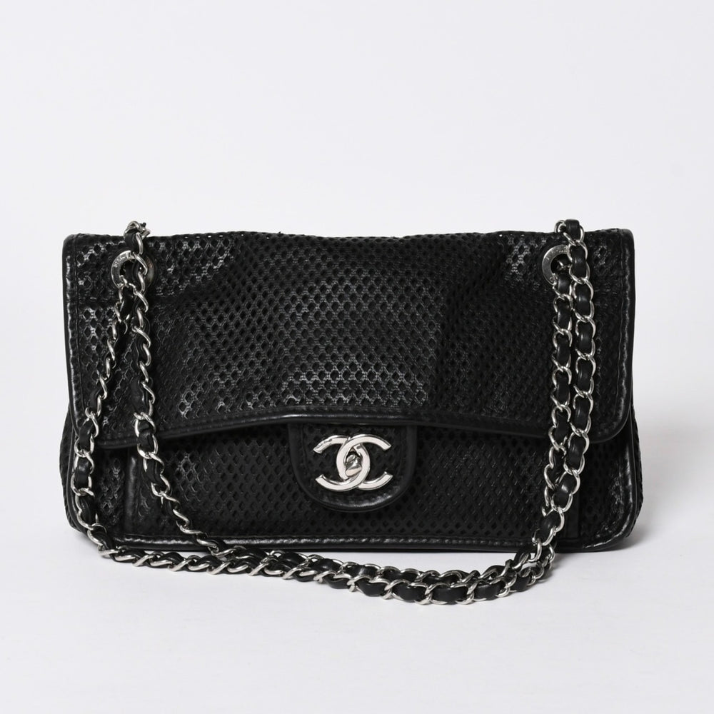 極美品 CHANEL シャネル フレンチリビエラ パンチング Sフラップ Sチェーンチェーンショルダーバッグ ブラック カーフ ココマーク シルバー金具 シリアル不鮮明 中古 4a006451