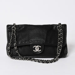 極美品 CHANEL シャネル フレンチリビエラ パンチング Sフラップ Sチェーンチェーンショルダーバッグ ブラック カーフ ココマーク シルバー金具 シリアル不鮮明 中古 4a006451