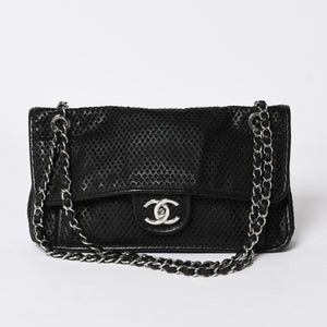 極美品 CHANEL シャネル フレンチリビエラ パンチング Sフラップ Sチェーンチェーンショルダーバッグ ブラック カーフ ココマーク シルバー金具 シリアル不鮮明 中古 4a006451