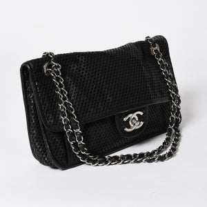 極美品 CHANEL シャネル フレンチリビエラ パンチング Sフラップ Sチェーンチェーンショルダーバッグ ブラック カーフ ココマーク シルバー金具 シリアル不鮮明 中古 4a006451