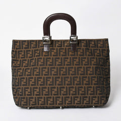 FENDI フェンディ ハンドバッグ トートバッグ ズッカ柄 キャンバス レザー ブラウン シルバー金具 美品 中古 4a006513