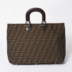 FENDI フェンディ ハンドバッグ トートバッグ ズッカ柄 キャンバス レザー ブラウン シルバー金具 美品 中古 4a006513