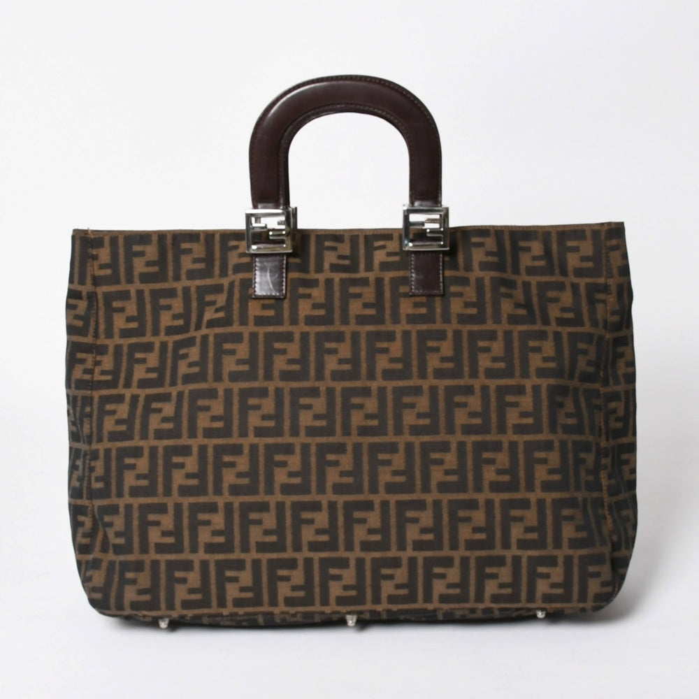FENDI フェンディ ハンドバッグ トートバッグ ズッカ柄 キャンバス レザー ブラウン シルバー金具 美品 中古 4a006513