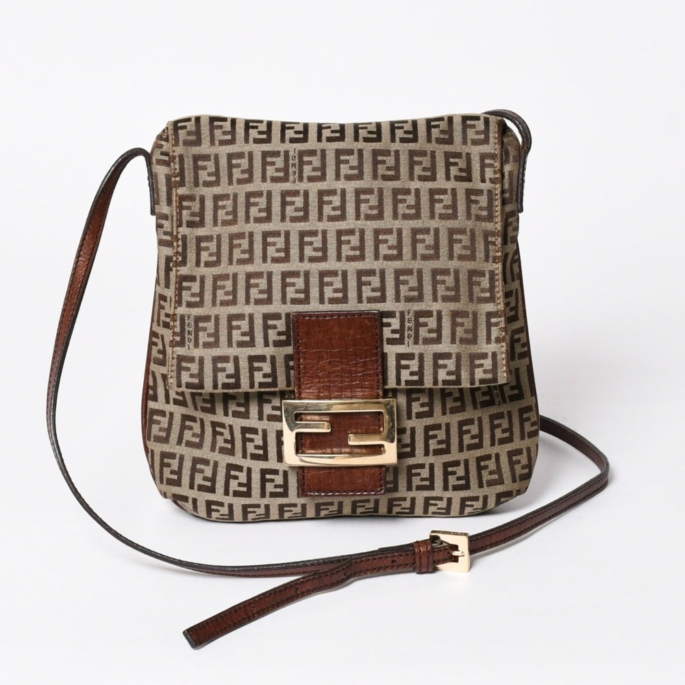 極美品 FENDI フェンディ ズッキーノ ショルダーバッグ 8BT075 キャンバス レザー ベージュ ブラウン ゴールド金具 中古 4a006515