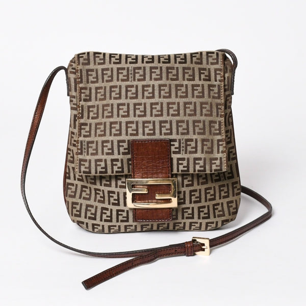 極美品 FENDI フェンディ ズッキーノ ショルダーバッグ 8BT075 キャンバス レザー ベージュ ブラウン ゴールド金具 中古 4a006515