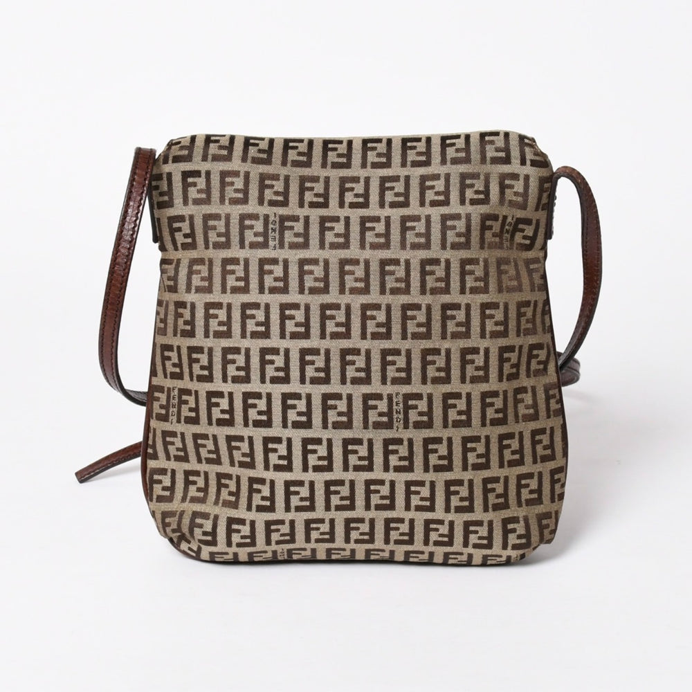 極美品 FENDI フェンディ ズッキーノ ショルダーバッグ 8BT075 キャンバス レザー ベージュ ブラウン ゴールド金具 中古 4a006515