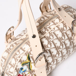 極美品 CHRISTIAN DIOR クリスチャンディオール トロッター フラワー刺繍 ミニボストンバッグ ガリアーノ期 ベージュ マルチカラー コットンキャンバス 中古 4a006397