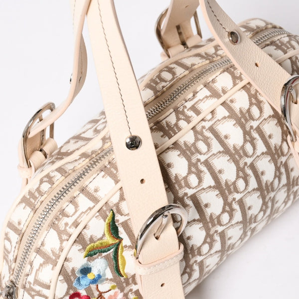 極美品 CHRISTIAN DIOR クリスチャンディオール トロッター フラワー刺繍 ミニボストンバッグ ガリアーノ期 ベージュ マルチカラー コットンキャンバス 中古 4a006397