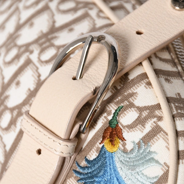 極美品 CHRISTIAN DIOR クリスチャンディオール トロッター フラワー刺繍 ミニボストンバッグ ガリアーノ期 ベージュ マルチカラー コットンキャンバス 中古 4a006397