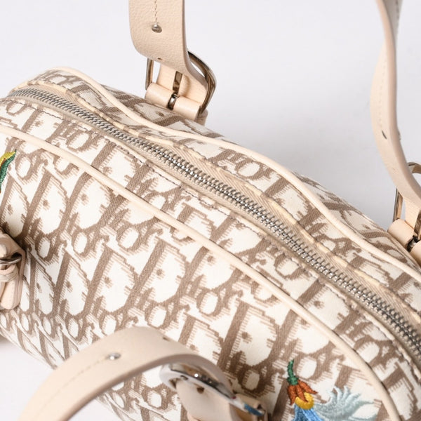 極美品 CHRISTIAN DIOR クリスチャンディオール トロッター フラワー刺繍 ミニボストンバッグ ガリアーノ期 ベージュ マルチカラー コットンキャンバス 中古 4a006397