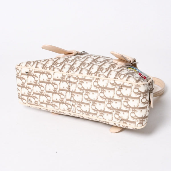 極美品 CHRISTIAN DIOR クリスチャンディオール トロッター フラワー刺繍 ミニボストンバッグ ガリアーノ期 ベージュ マルチカラー コットンキャンバス 中古 4a006397