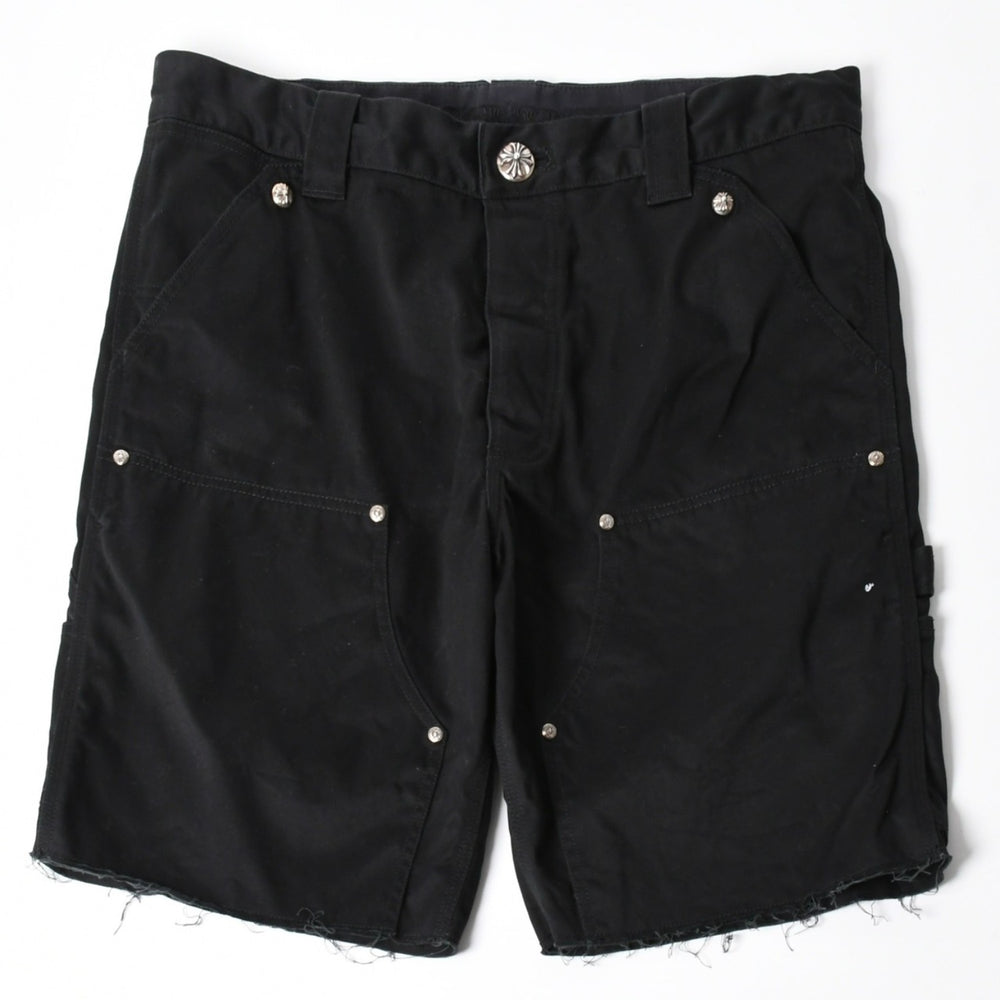 極美品 CHROME HEARTS クロムハーツ カーペンターショーツ クロスボールボタン スクロールラベル ブラック サイズ34 シルバー925 カットオフ 中古 4a006536