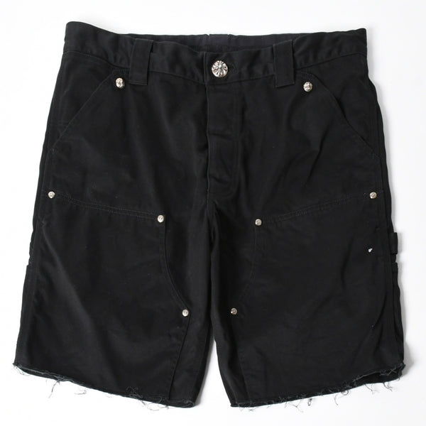 極美品 CHROME HEARTS クロムハーツ カーペンターショーツ クロスボールボタン スクロールラベル ブラック サイズ34 シルバー925 カットオフ 中古 4a006536