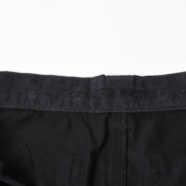 極美品 CHROME HEARTS クロムハーツ カーペンターショーツ クロスボールボタン スクロールラベル ブラック サイズ34 シルバー925 カットオフ 中古 4a006536