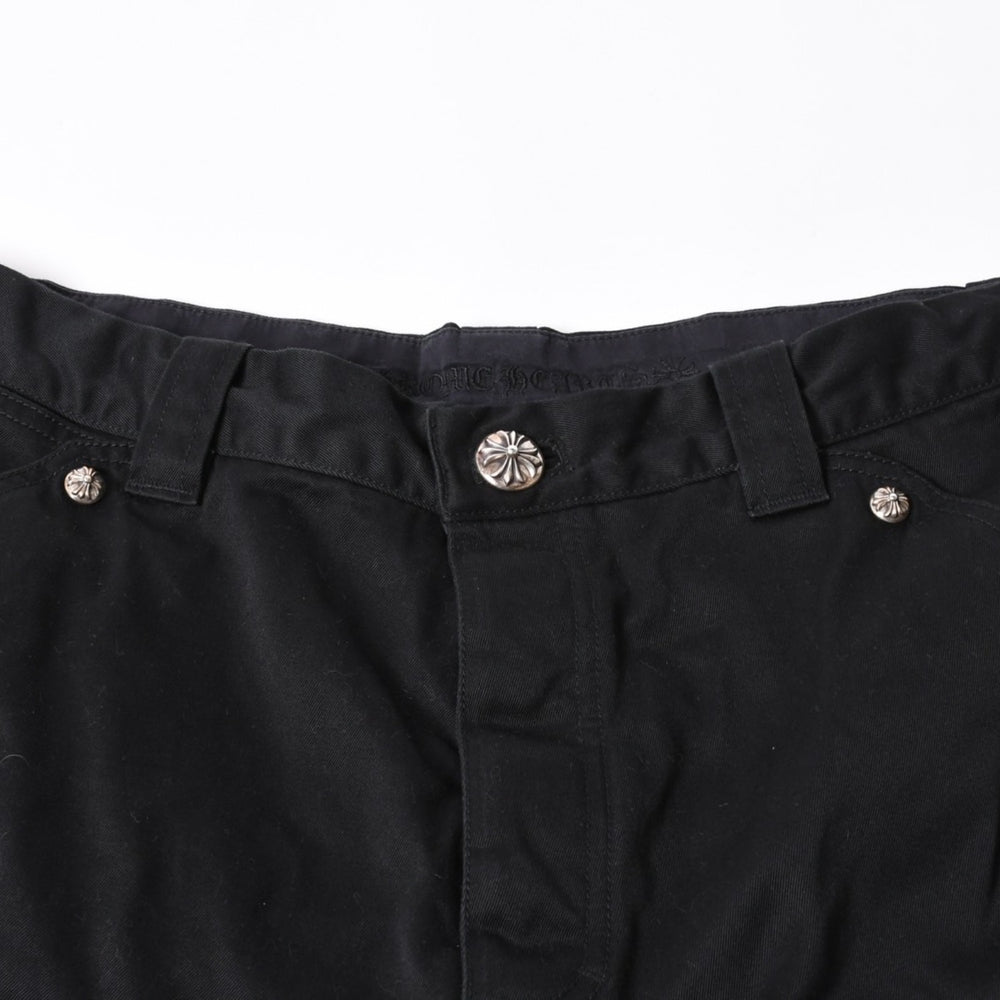 極美品 CHROME HEARTS クロムハーツ カーペンターショーツ クロスボールボタン スクロールラベル ブラック サイズ34 シルバー925 カットオフ 中古 4a006536