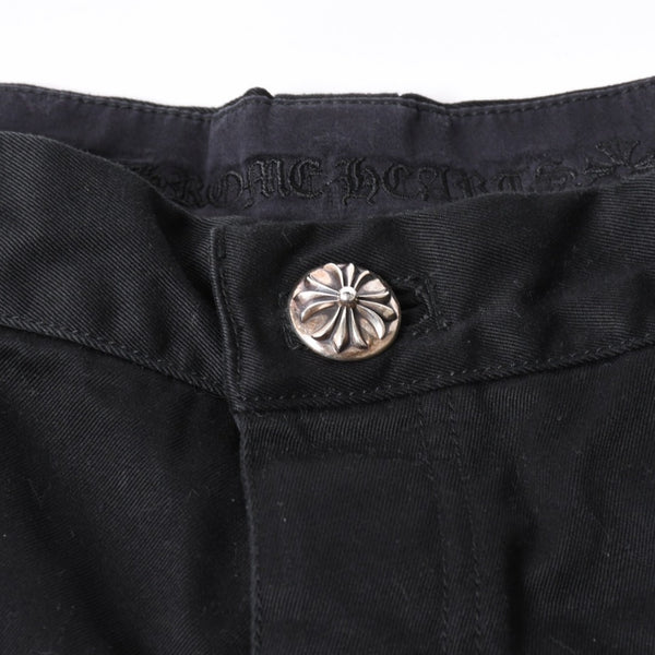 極美品 CHROME HEARTS クロムハーツ カーペンターショーツ クロスボールボタン スクロールラベル ブラック サイズ34 シルバー925 カットオフ 中古 4a006536